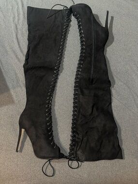 Black Lace-Up Thigh-High Stiletto Boots
